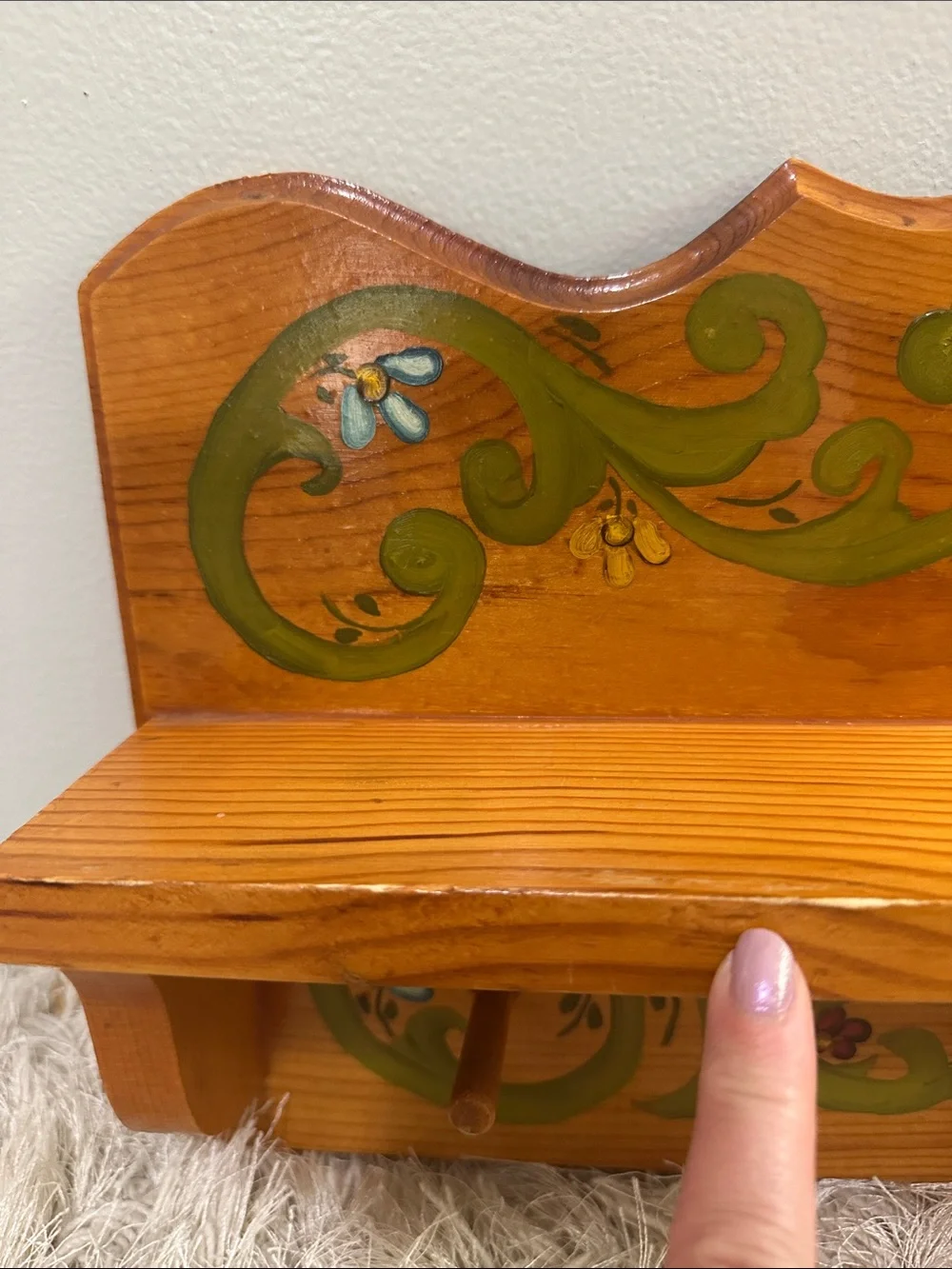 Vintage Handcrafted Wooden Folk Art Painted Shelf With Pegs Cottagecore Country